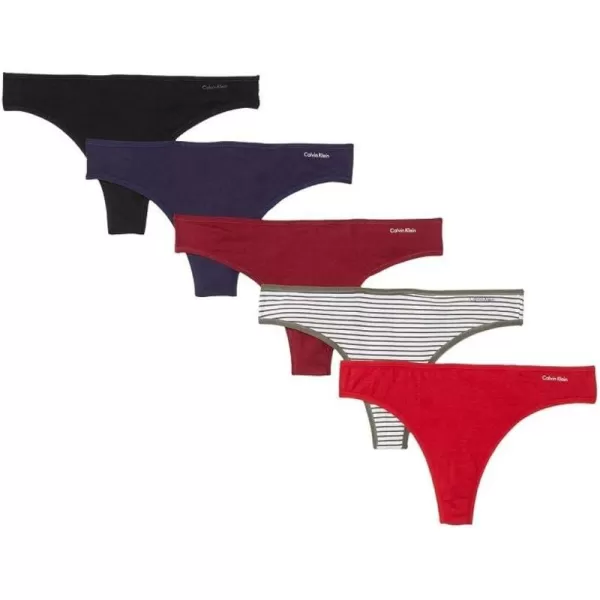 Calvin Klein Womens Signature Cotton Logo Stretch Thong Panties Multipack5 Raspberry JamTemperFeeder StripeBlue NoirBlack