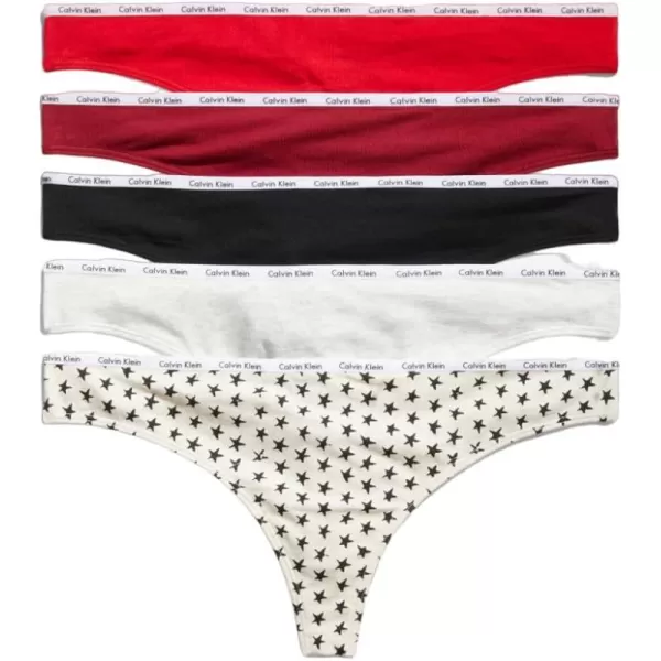 Calvin Klein Womens Signature Cotton Logo Stretch Thong Panties Multipack5 Star StampblkExactRed CarpetBlkSnow Htr