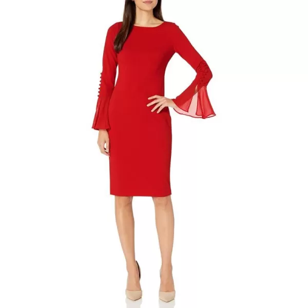 Calvin Klein Womens Solid Sheath with Chiffon Bell Sleeves DressDeep Red