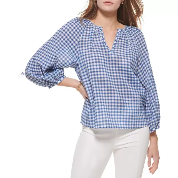 Calvin Klein Womens Sportswear Everyday Casual VNeck Gingham BlouseBluWht Combo