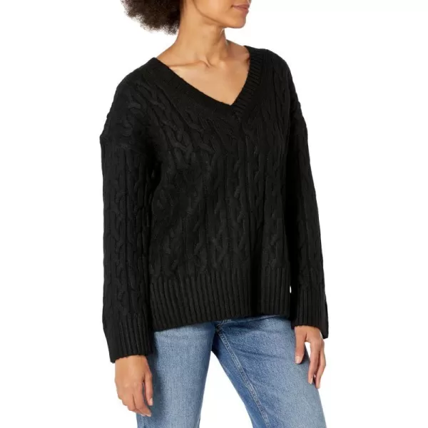 Calvin Klein Womens V Neck Cable Long Sleeve SweaterBlack