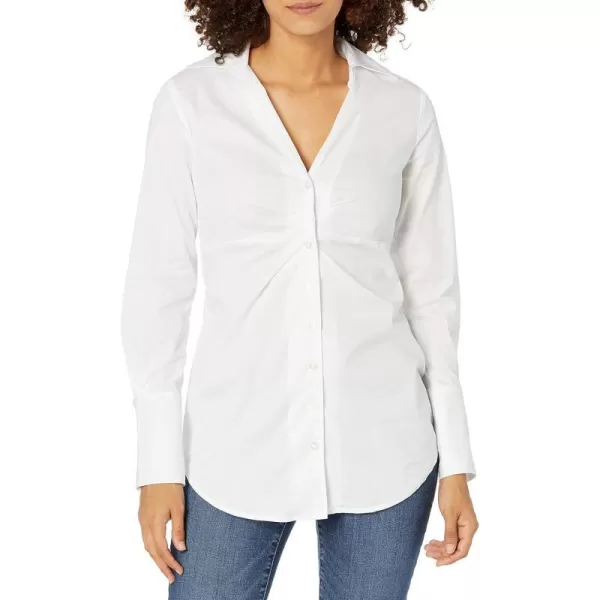 Calvin Klein Womens VNeck Ruched Front Poplin Button DownWhite