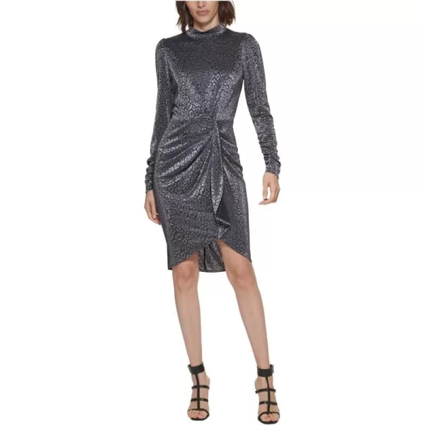 Calvin Klein Womens Velvet Long Sleeve Faux Wrap DressBlack and Silver