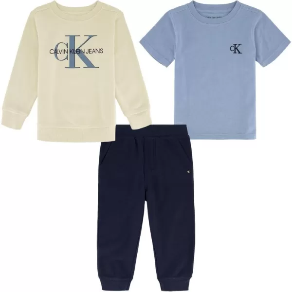 Calvin Klein boys 3 Piece Crew Jog SetWhite  Denim  Navy