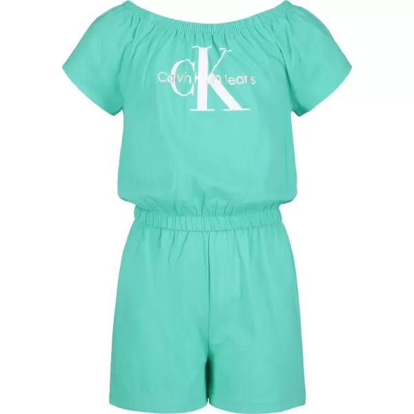 Calvin Klein girls Short Sleeve Knit Romper Elastic Neckline amp Cinched WaistAqua Green