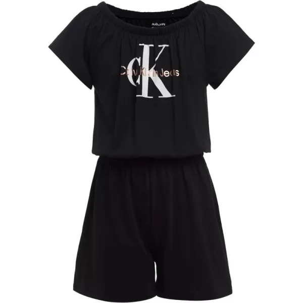 Calvin Klein girls Short Sleeve Knit Romper Elastic Neckline amp Cinched WaistBlack