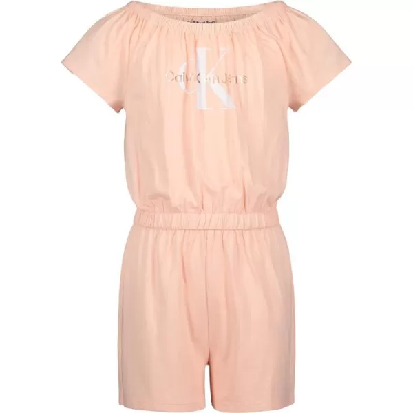 Calvin Klein girls Short Sleeve Knit Romper Elastic Neckline amp Cinched WaistPeach Melba