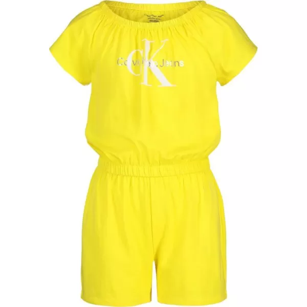 Calvin Klein girls Short Sleeve Knit Romper Elastic Neckline amp Cinched WaistVibrant Yellow