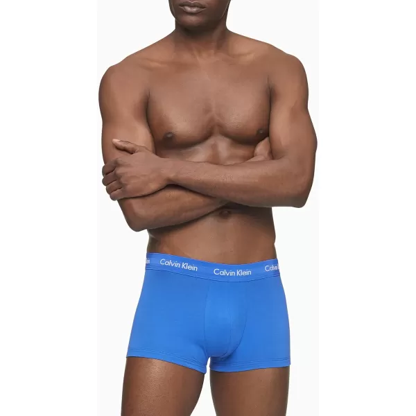 imageCalvin Klein Mens Cotton Stretch 3Pack Low Rise Trunks1 Black  1 Blue Shadow  1 Cobalt Water