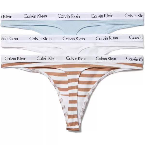 imageCalvin Klein Womens Carousel Logo Cotton Stretch Thong Panties 3 PackPalest BlueWhiteRainer Stripe Sandalwood