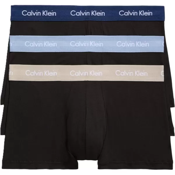 imageCalvin Klein Mens Cotton Stretch 3Pack Low Rise TrunksBlack W New Navy  Vintage Khaki  Troposphere Logos