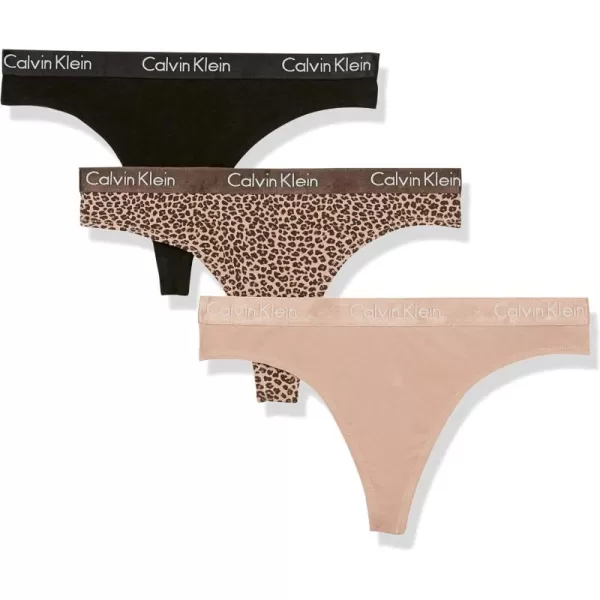 imageCalvin Klein Womens Motive Cotton Multipack Thong PantyBlackCedarMini Cheetah Oxford Tan