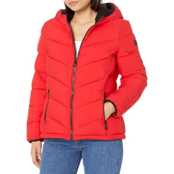 imageCalvin Klein Womens Quilted Down Jacket with Removable Faux Fur Trimmed HoodQuilted Down Mandarn Red