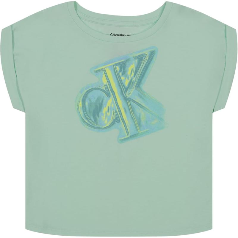 imageCalvin Klein Girls Short Sleeve Logo TShirt Comfortable Fit Cotton Tee with Tagless InteriorHoneydew Monogram