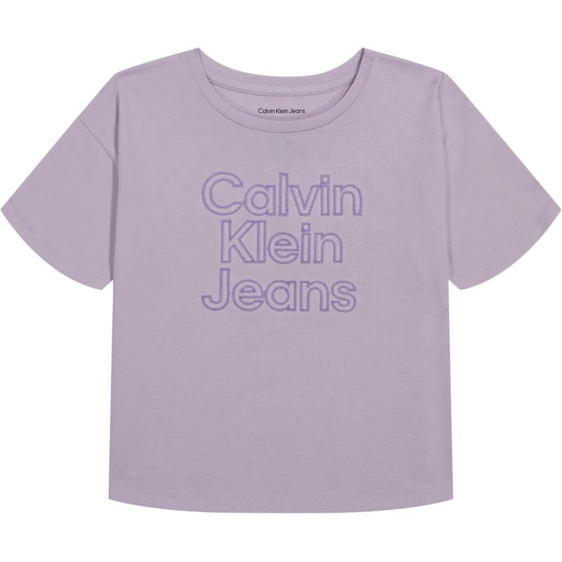 imageCalvin Klein Girls Short Sleeve Logo TShirt Comfortable Fit Cotton Tee with Tagless InteriorOrchid Petal Stack