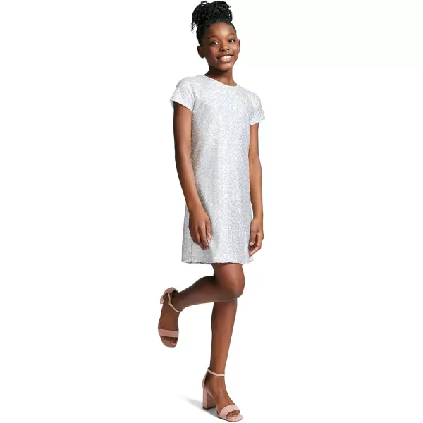imageCalvin Klein Girls Sleeveless Party Dress Fit and Flare Silhouette Round Neckline ampamp Back Zip ClosureSilver Sequin