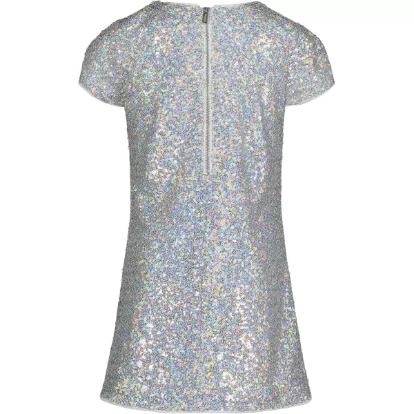 imageCalvin Klein Girls Sleeveless Party Dress Fit and Flare Silhouette Round Neckline ampamp Back Zip ClosureSilver Sequin