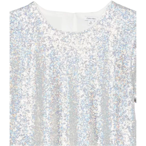 imageCalvin Klein Girls Sleeveless Party Dress Fit and Flare Silhouette Round Neckline ampamp Back Zip ClosureSilver Sequin