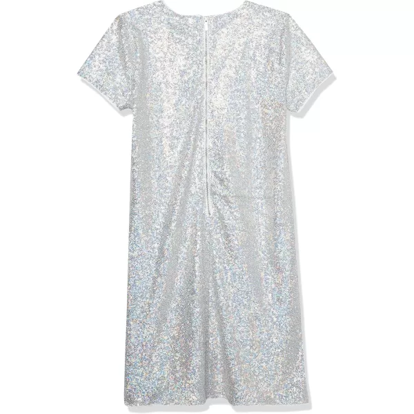 imageCalvin Klein Girls Sleeveless Party Dress Fit and Flare Silhouette Round Neckline ampamp Back Zip ClosureSilver Sequin