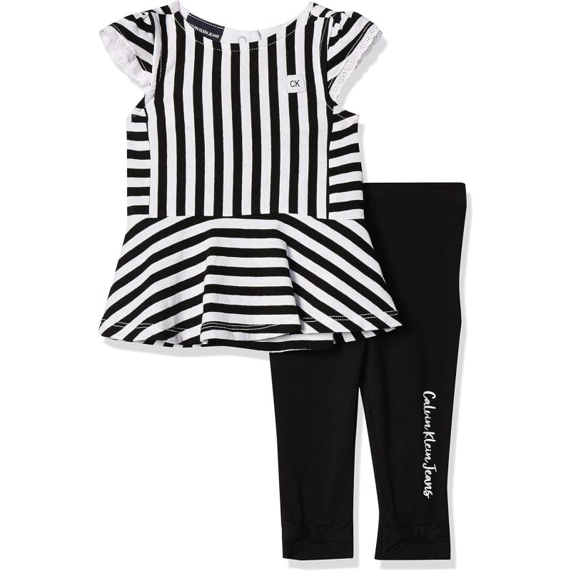 imageCalvin Klein Girls Crewneck Pullover ampamp Legging Set Everyday Casual Wear UltraSoft ampamp Comfortable Grey Heather PrintBlack White Stripes