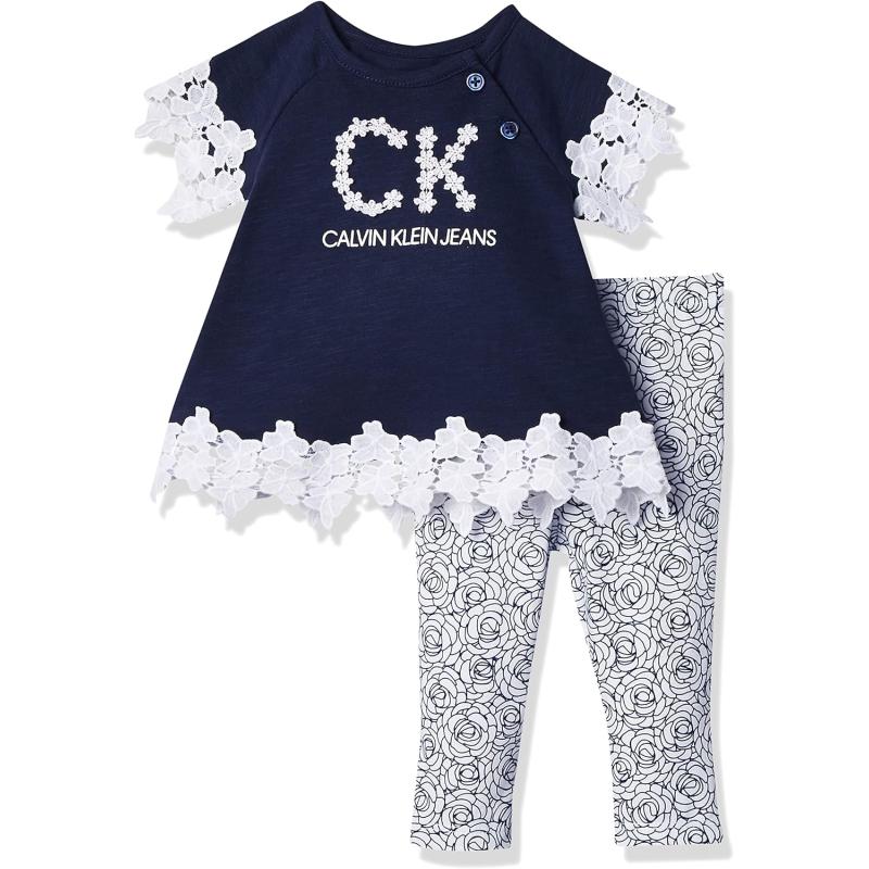 imageCalvin Klein Girls Crewneck Pullover ampamp Legging Set Everyday Casual Wear UltraSoft ampamp Comfortable Grey Heather PrintMidnight NavyPrint