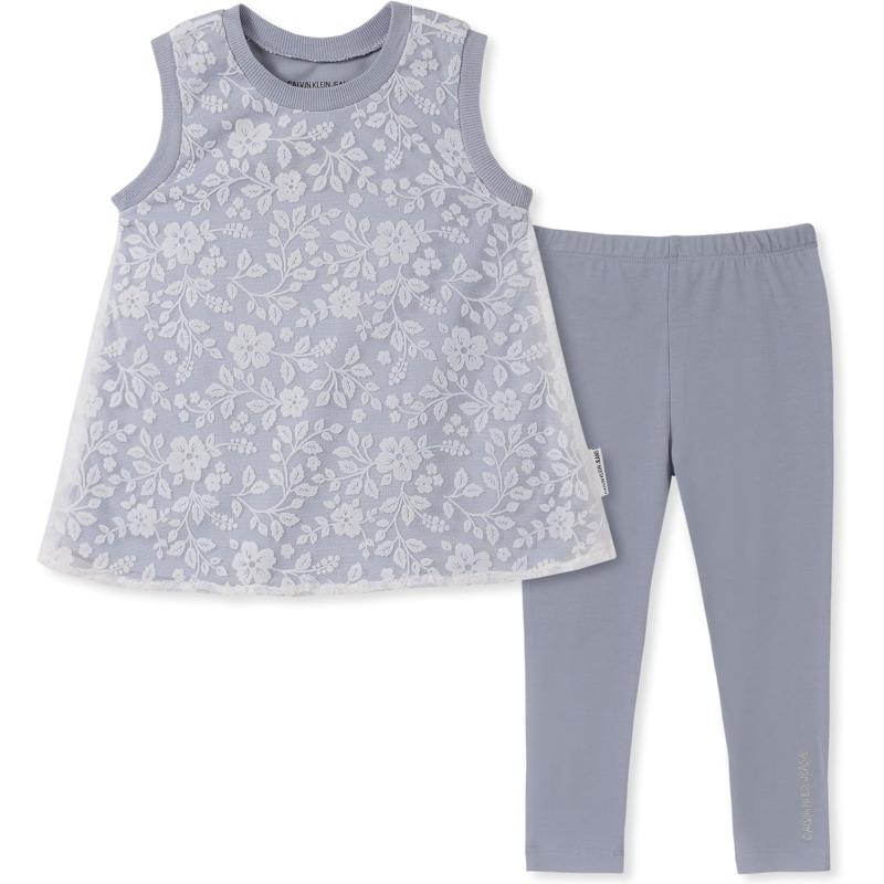 imageCalvin Klein Girls Crewneck Pullover ampamp Legging Set Everyday Casual Wear UltraSoft ampamp Comfortable Grey Heather PrintWhitePrint