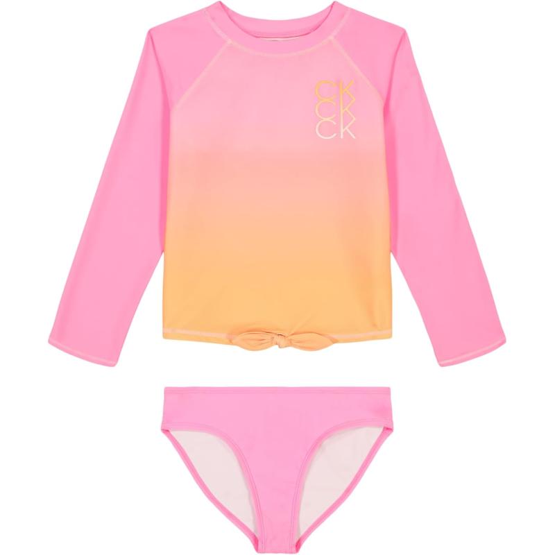 imageCalvin Klein Girls TwoPiece Rashguard Swimsuit Set with UPF 50 Sun ProtectionPink Frosting Ombre