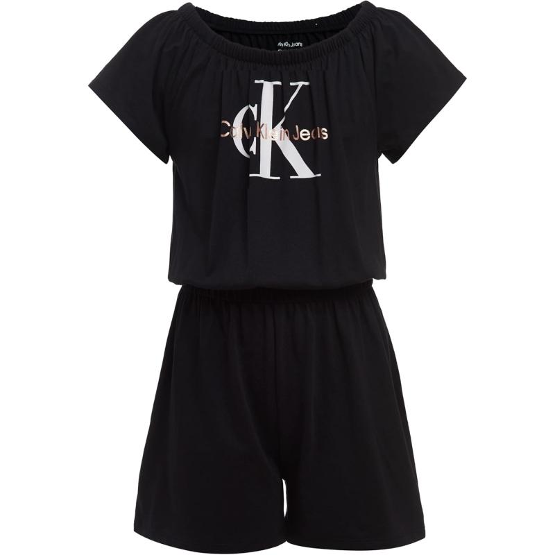 imageCalvin Klein girls Short Sleeve Monogram Logo Knit RomperBlack
