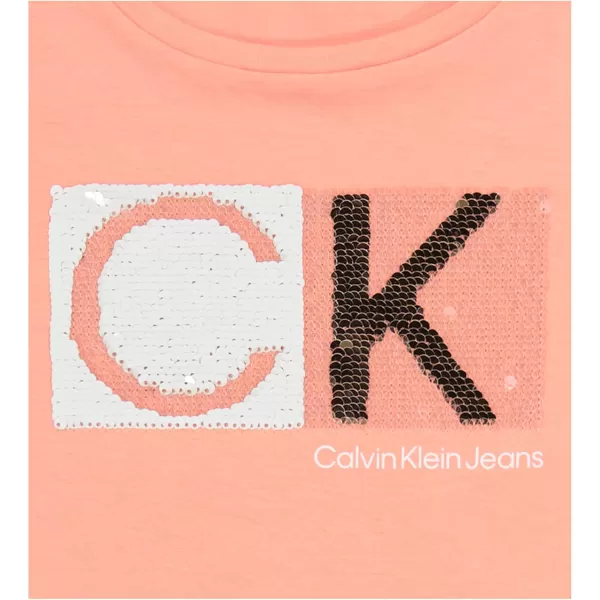imageCalvin Klein Girls Short Sleeve Cotton TShirt with Flip Sequin Design ampamp Tagless InteriorDesert Flower Box