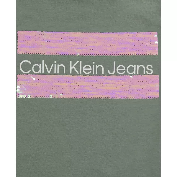 imageCalvin Klein Girls Short Sleeve Cotton TShirt with Flip Sequin Design ampamp Tagless InteriorGreen Block