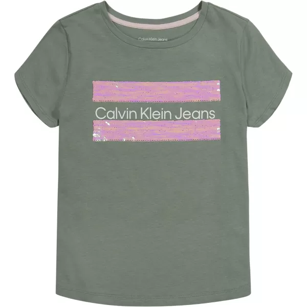 imageCalvin Klein Girls Short Sleeve Cotton TShirt with Flip Sequin Design ampamp Tagless InteriorGreen Block