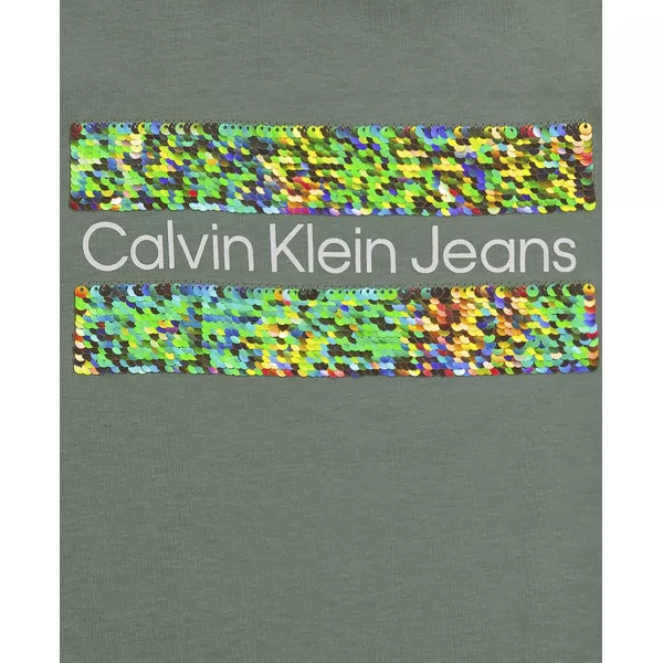 imageCalvin Klein Girls Short Sleeve Cotton TShirt with Flip Sequin Design ampamp Tagless InteriorGreen Block