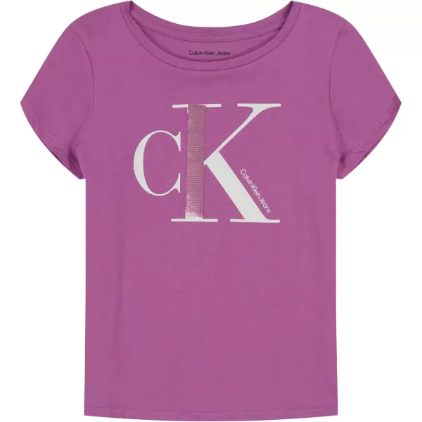 imageCalvin Klein Girls Short Sleeve Cotton TShirt with Flip Sequin Design ampamp Tagless InteriorIris Orchid