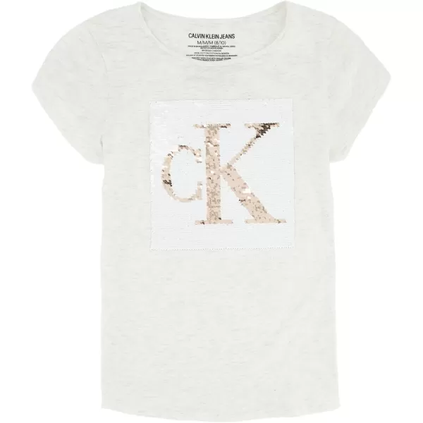 imageCalvin Klein Girls Short Sleeve Cotton TShirt with Flip Sequin Design ampamp Tagless InteriorOatmeal Pop