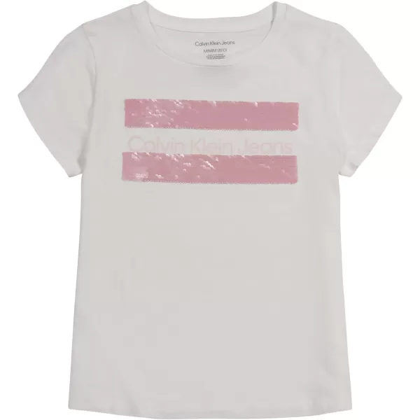 imageCalvin Klein Girls Short Sleeve Cotton TShirt with Flip Sequin Design ampamp Tagless InteriorWhite Block