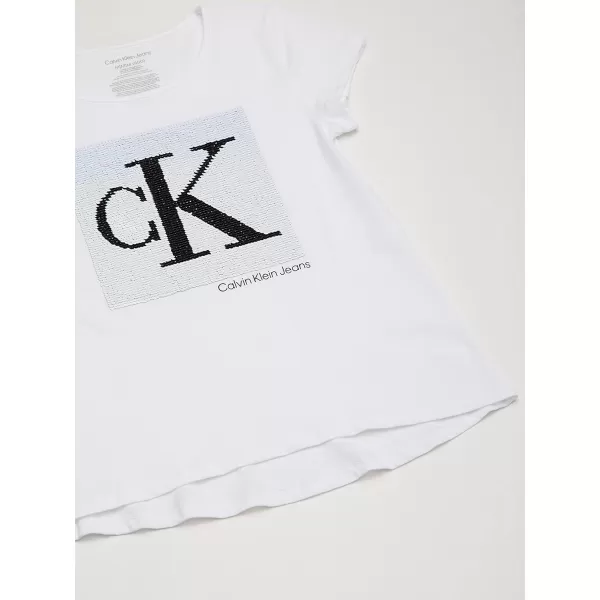 imageCalvin Klein Girls Short Sleeve Cotton TShirt with Flip Sequin Design ampamp Tagless InteriorWhite Pop