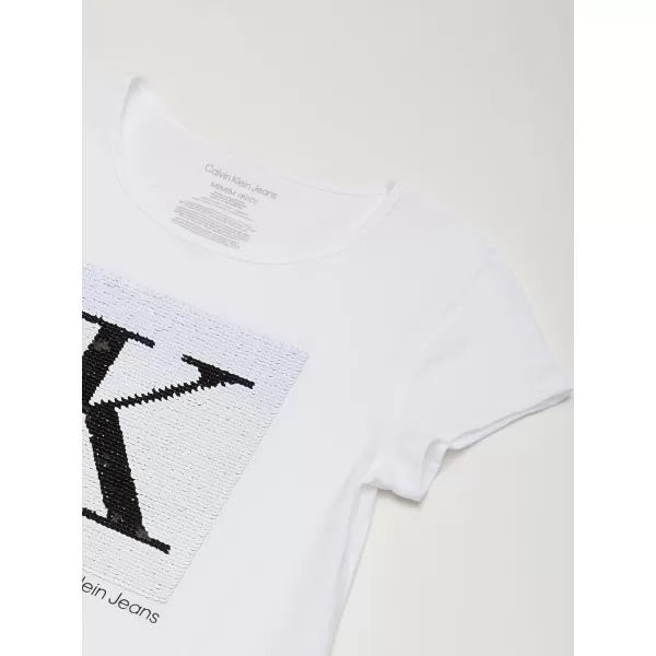 imageCalvin Klein Girls Short Sleeve Cotton TShirt with Flip Sequin Design ampamp Tagless InteriorWhite Pop