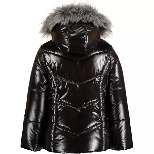 imageCalvin Klein girls Hooded Winter Puffer Jacket Fulllength Heavyweight Coat With Fleece LiningBlack Logo Tape