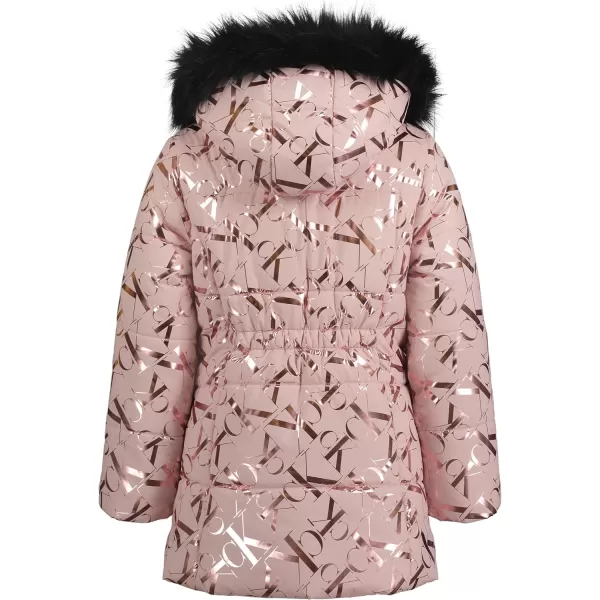 imageCalvin Klein girls Hooded Winter Puffer Jacket Fulllength Heavyweight Coat With Fleece LiningSilver Pink Gloss