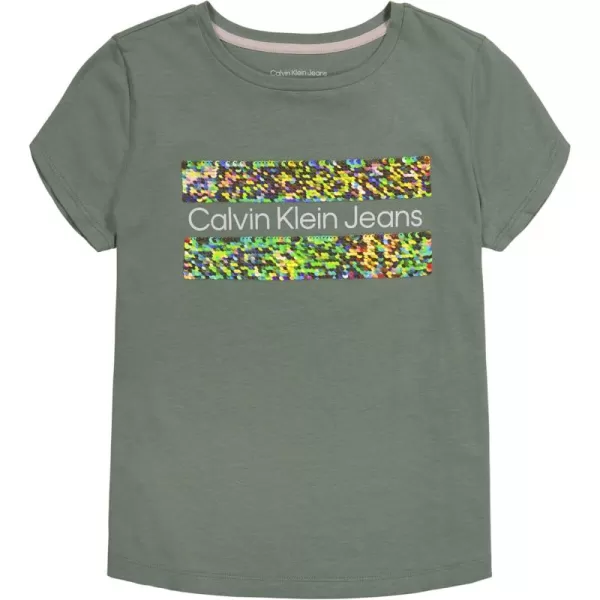 imageCalvin Klein Girls Short Sleeve Cotton TShirt with Flip Sequin Design ampamp Tagless InteriorGreen Block