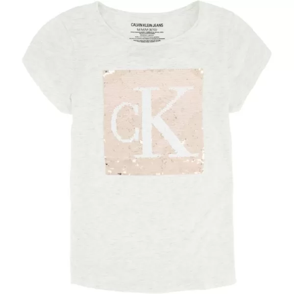 imageCalvin Klein Girls Short Sleeve Cotton TShirt with Flip Sequin Design ampamp Tagless InteriorOatmeal Pop