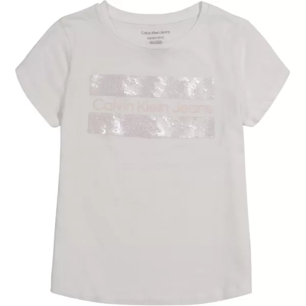 imageCalvin Klein Girls Short Sleeve Cotton TShirt with Flip Sequin Design ampamp Tagless InteriorWhite Block