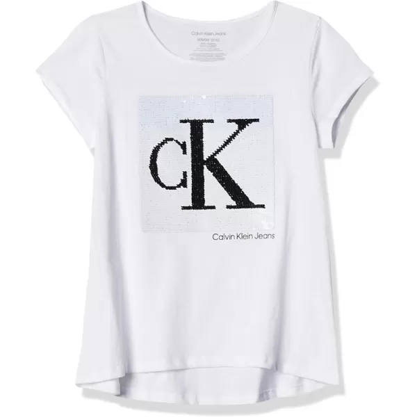 imageCalvin Klein Girls Short Sleeve Cotton TShirt with Flip Sequin Design ampamp Tagless InteriorWhite Pop