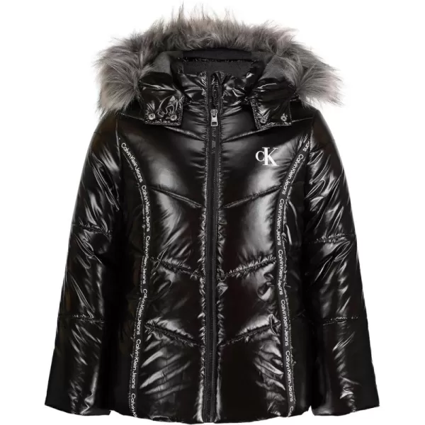 imageCalvin Klein girls Hooded Winter Puffer Jacket Fulllength Heavyweight Coat With Fleece LiningBlack Logo Tape