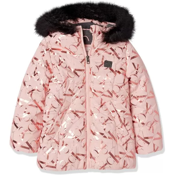 imageCalvin Klein girls Hooded Winter Puffer Jacket Fulllength Heavyweight Coat With Fleece LiningSilver Pink Gloss