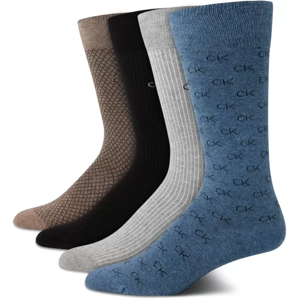 imageCalvin Klein Mens Dress Socks  Cotton Blend Crew Patterned Socks 4 PairsBlueTan Assorted