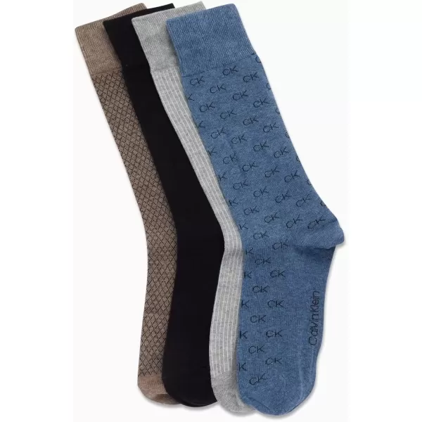 imageCalvin Klein Mens Dress Socks  Cotton Blend Crew Patterned Socks 4 PairsBlueTan Assorted