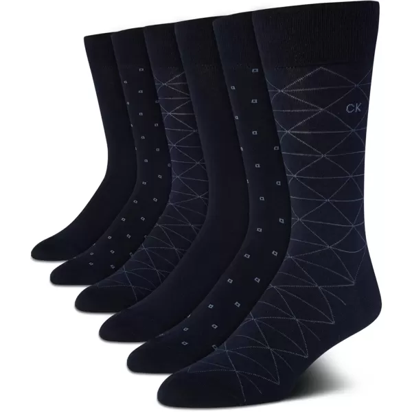 imageCalvin Klein Mens Dress Socks  Solid And Pattern Cotton Blend Dress Crew 6 PackNavy Assorted