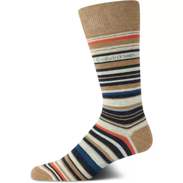 imageCalvin Klein Mens Dress Socks  1 Pair Egyptian Cotton Blend Comfort Stay Up Cuff Crew Socks  Dress Socks for Men 712Tan Stripes