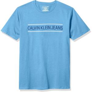 imageCalvin Klein Boys Short Sleeve Logo Crew Neck TShirt Soft Comfortable Relaxed FitStacked Stripe Lichen Blue